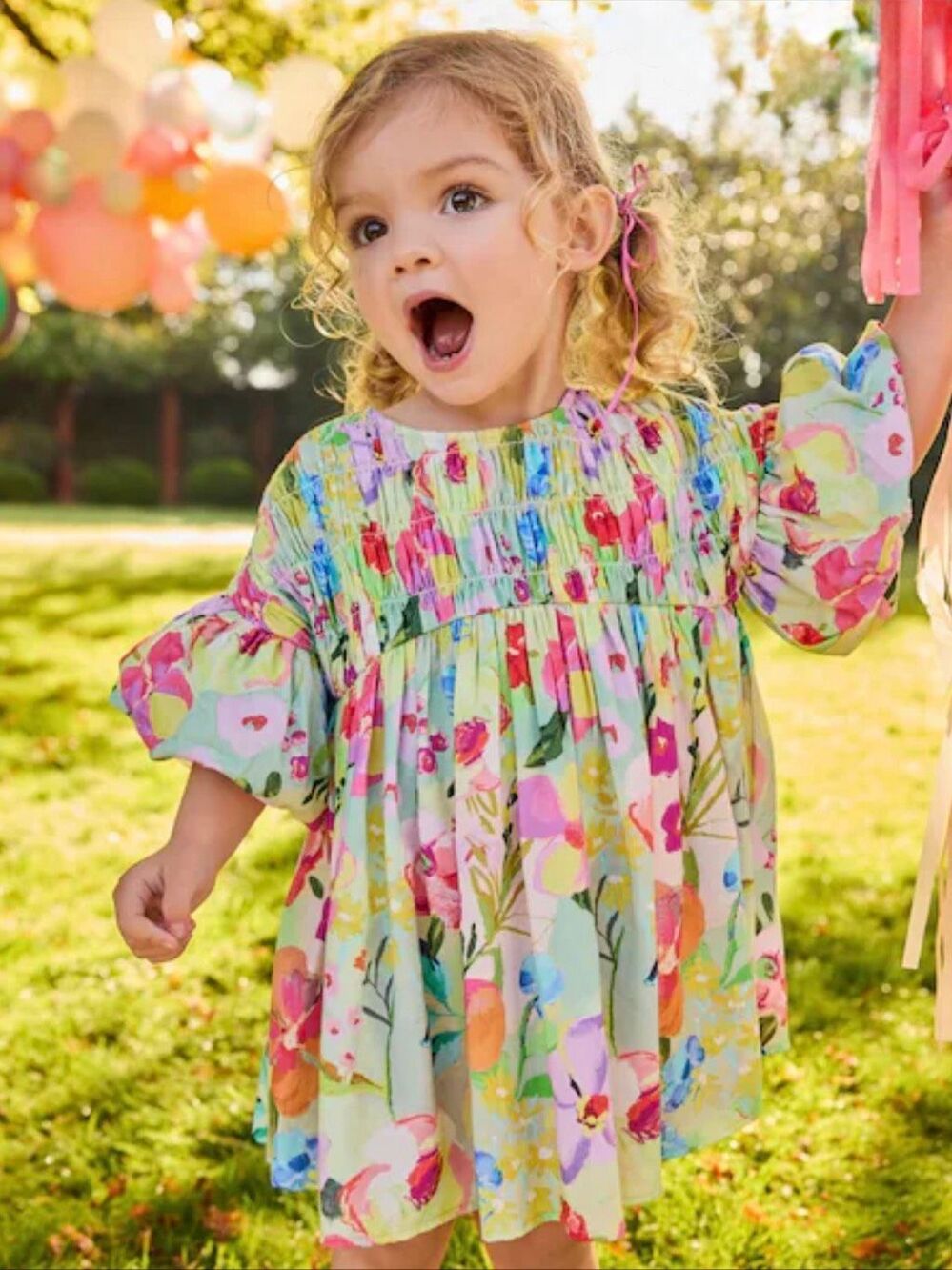 Next Toddler Girl Green Floral Smocked Puff Sleeve Linen Blend Dress Sz 2T